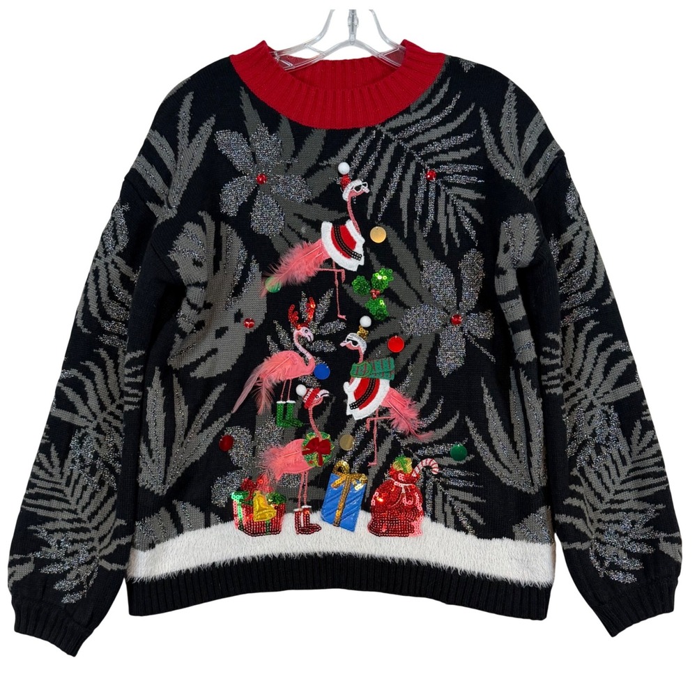 Womens Tropical Flamingo Ugly Christmas Sweater‎ Sequin Metallic •XS• Kitschy